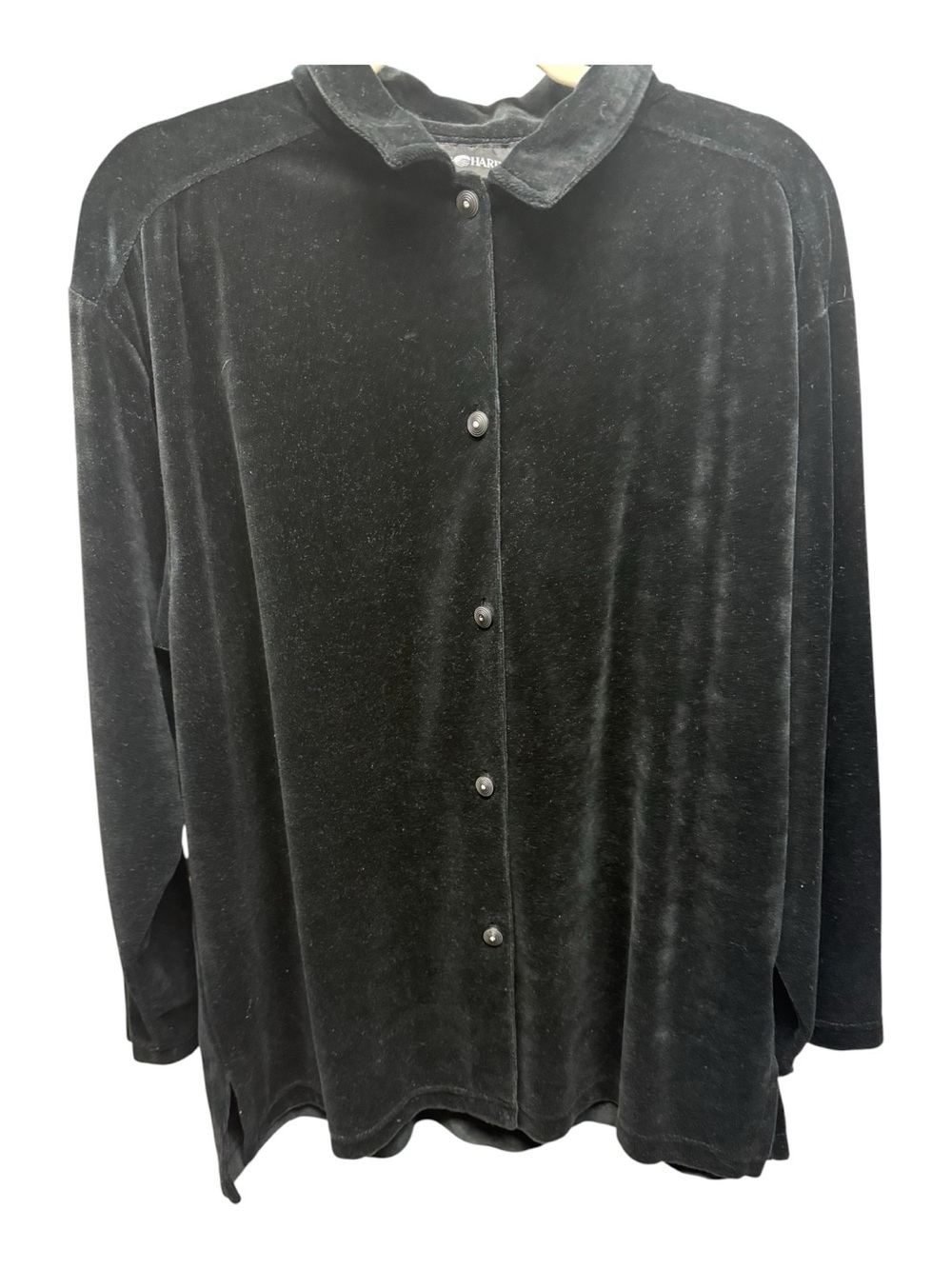 Vintage 90s Sag Harbor Whimsigoth Velvet Button Down Shirt XL Black Velour goth